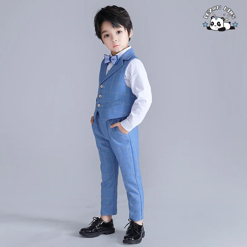 LEZONKIDS - Conjunto de Terno de Três Peças Xadrez Azul Claro Personalizável para Meninos Roupas Formais de Algodão para Crianças Outono Casamentos - Inclui Colete e Casaco